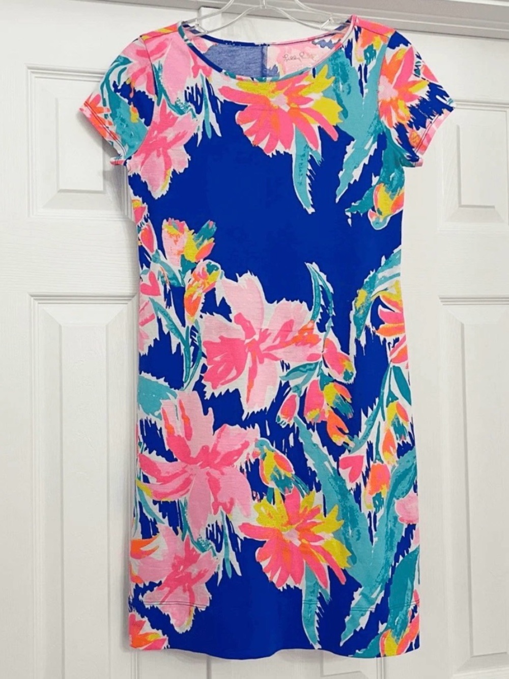 Lilly Pulitzer Marlowe dress in the vibrant blue and pink "Lil Olive” print